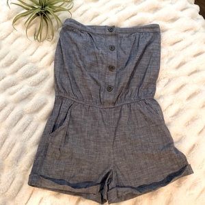 Strapless Chambray Button-Front Romper in Blue